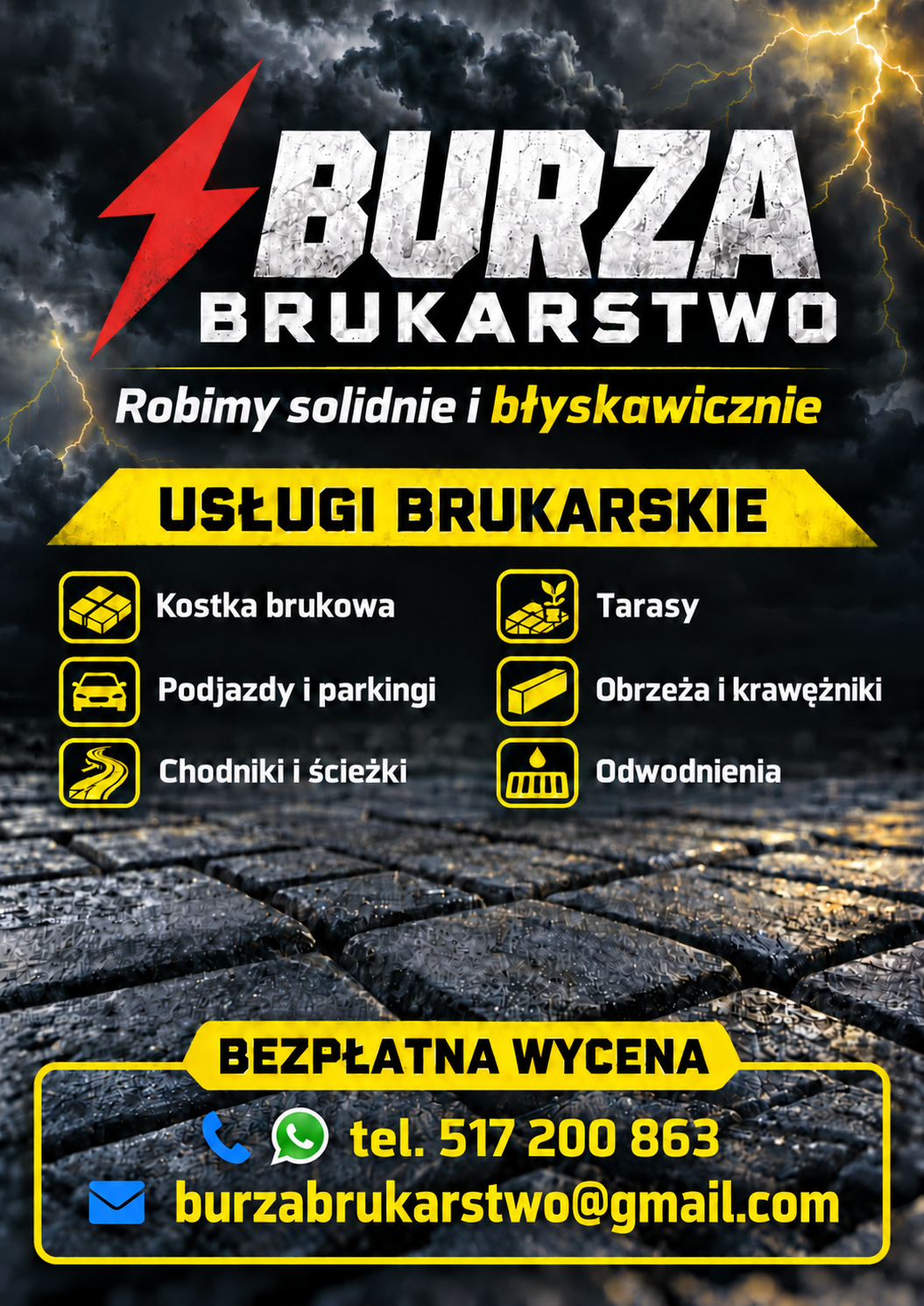 Ulotka Burza Brukarstwo z listą usług i danymi kontaktowymi
